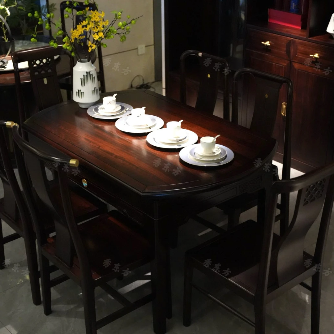 新中式黑檀实木餐桌椅伸拉折叠简约家用可变圆桌实木家具可伸缩