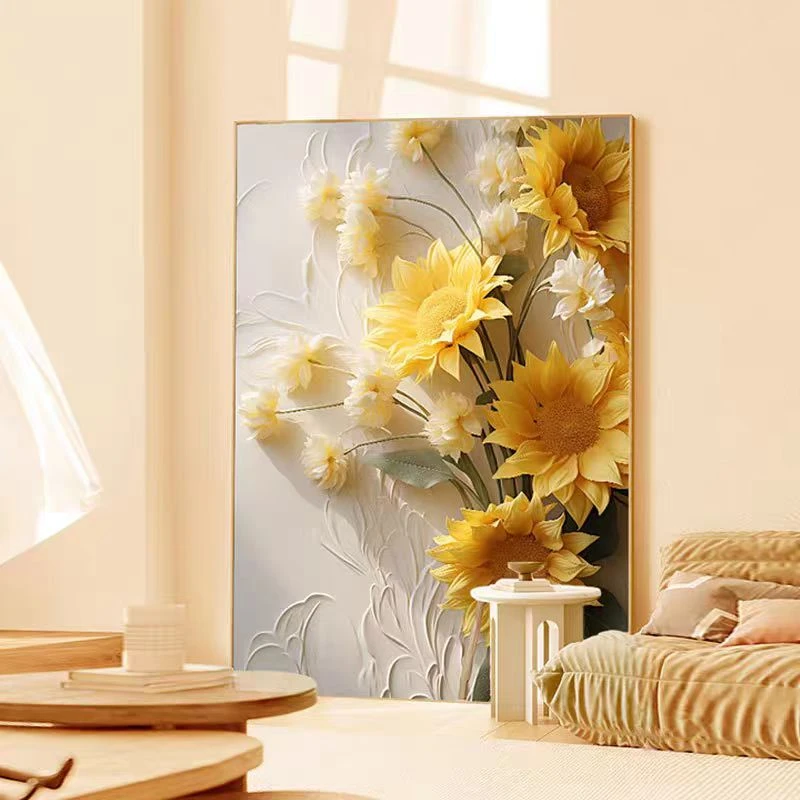 奶油风客厅装饰立体砂岩画向日葵肌理沙发背景墙挂画玄关落地壁画