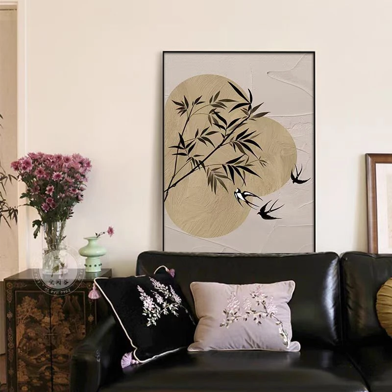 法式中古风砂岩画客厅卧室走廊沙发背景墙挂画竹子新中式玄关挂画