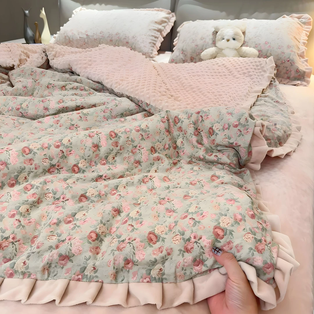 全棉牛奶绒四件套花边纯棉加绒4件套A类母婴双层纱单面绒保暖套件