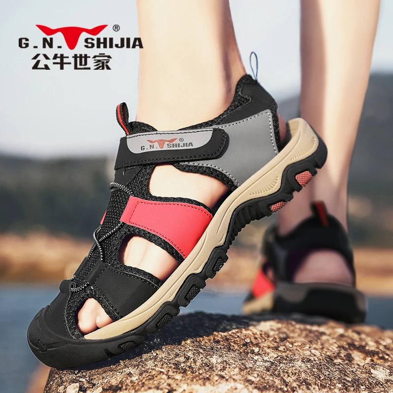 公牛世家凉鞋男夏季时尚休闲松紧带开车外传两用男士包头沙滩鞋子