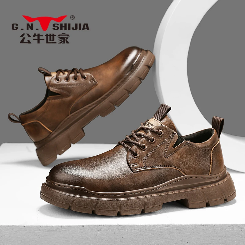 公牛世家皮鞋男款秋冬英伦商务复古休闲鞋厚底工装低帮马丁靴男士