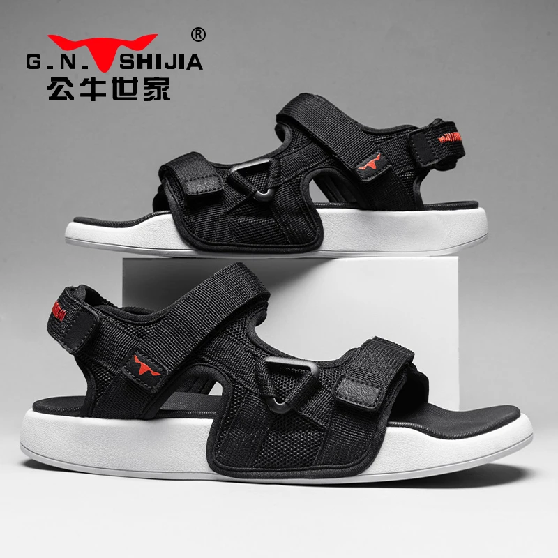 公牛世家男士凉鞋夏季厚底外穿休闲运动沙滩鞋魔术贴软底轻便潮鞋