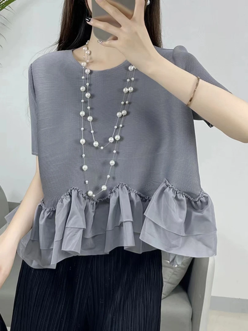 【美女郎】夏季百搭时尚T恤设计师高级感荷叶边上衣