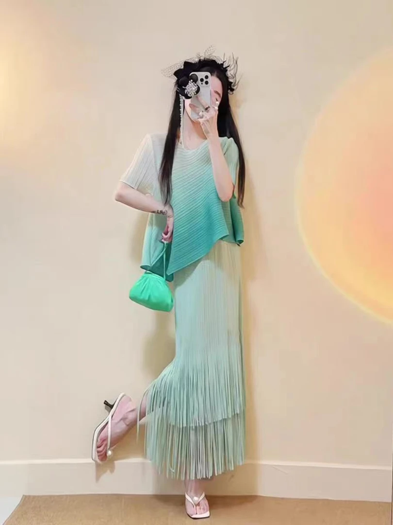 日系褶皱新款不规则短袖时尚渐变女高端宽松休闲圆领T恤上衣89202