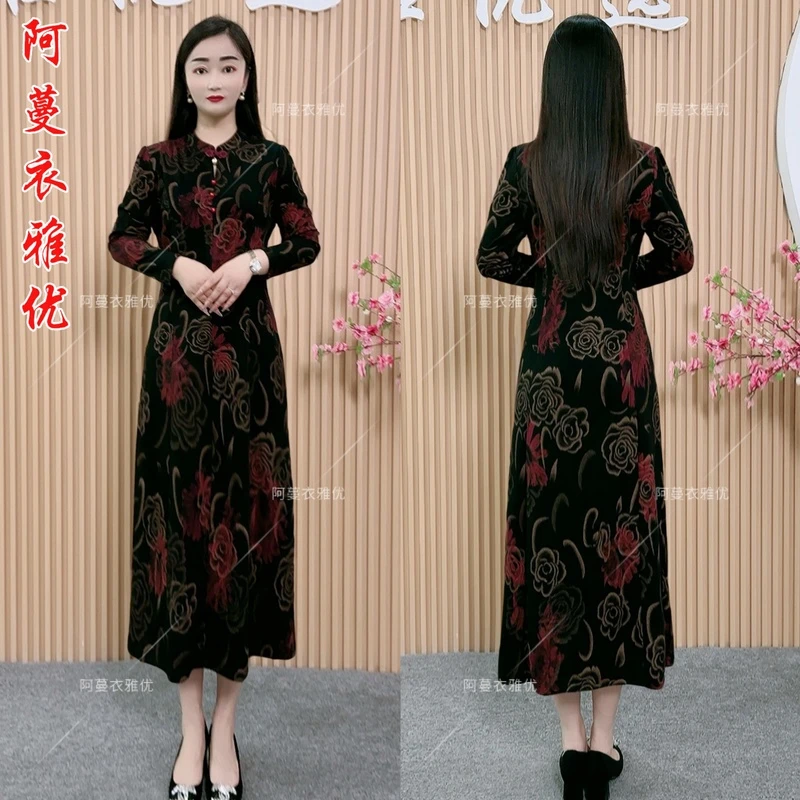 【衣雅严选】8088-972新款加厚烫金新中式旗袍显瘦气质长袖连衣裙