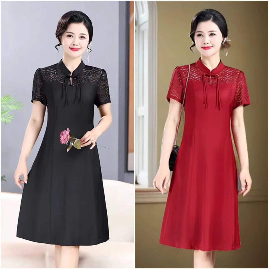 【衣雅严选】1702-236#夏季新款蕾丝拼接妈妈装短袖连衣裙