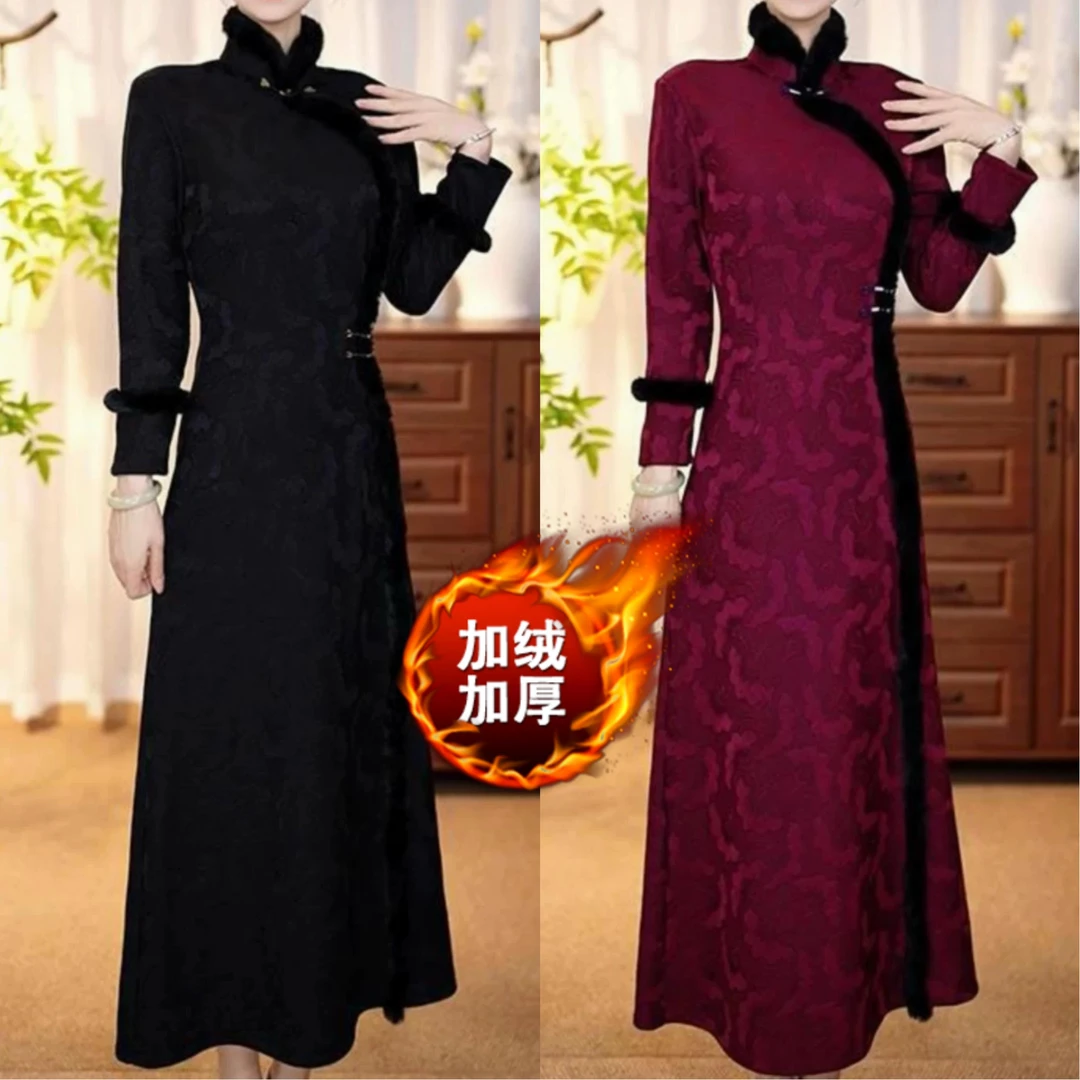 【衣雅严选】8070-1157#新款加绒加厚醋酸提花刺绣保暖改良旗袍裙