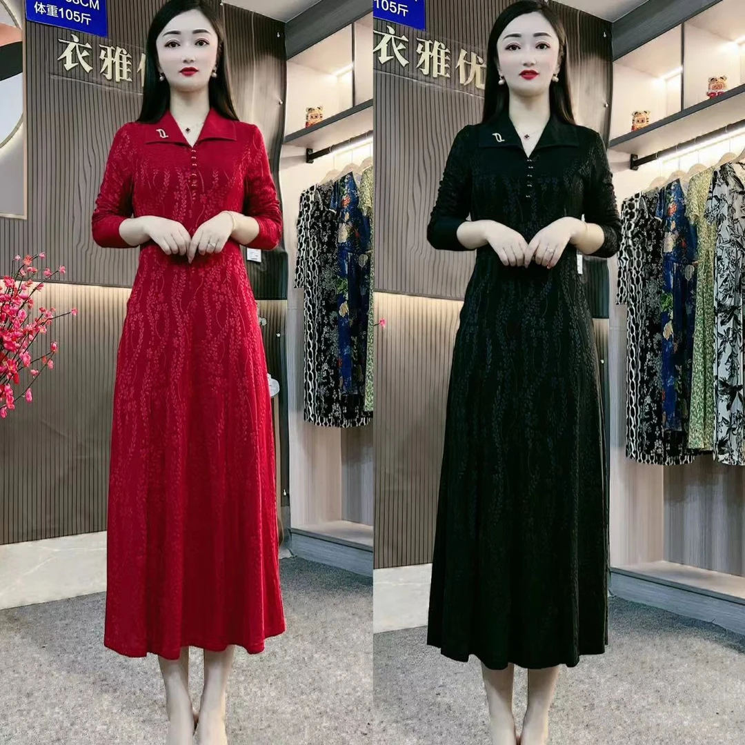 【衣雅严选】1369+512早秋新款暗纹提花长袖翻领连衣裙