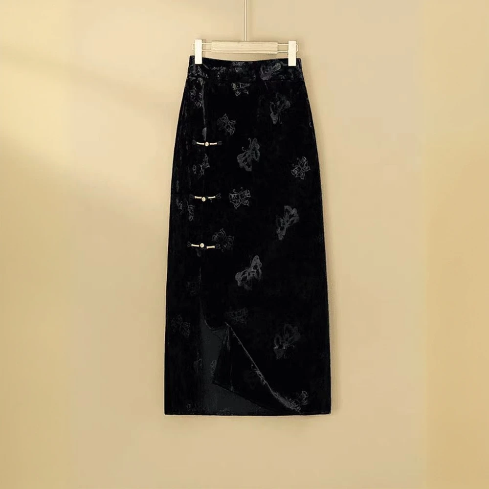 【衣雅严选】8070-942新款新中式百搭植绒印花蝴蝶盘扣百搭半身裙