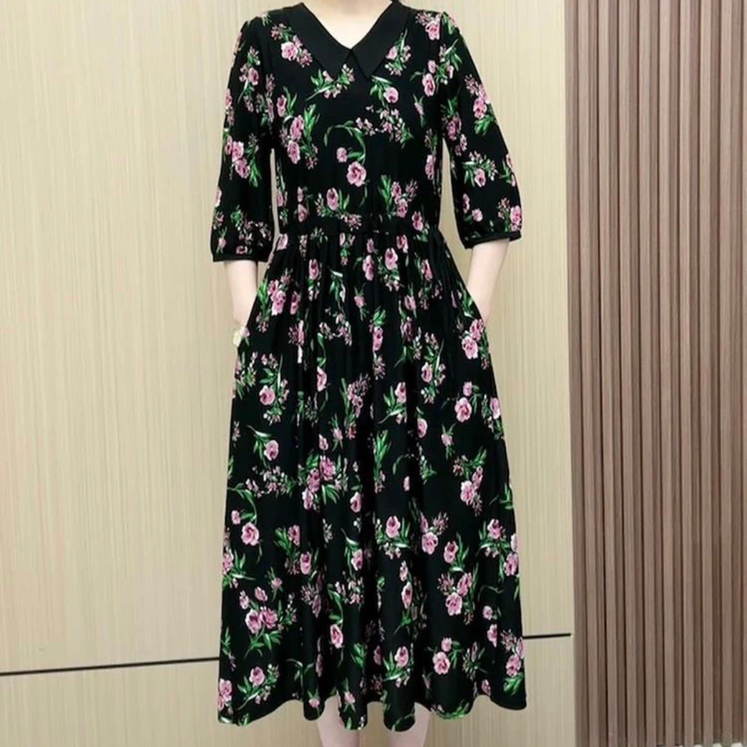 【衣雅严选】3226-89新款显瘦显高玫瑰碎花中袖连衣裙