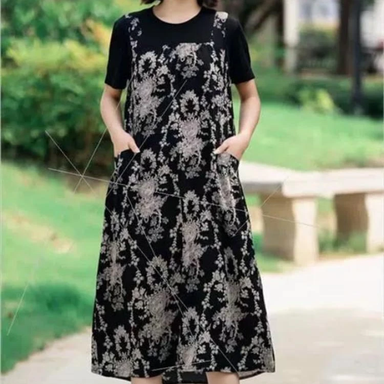【衣雅严选】1150-28#夏季气质宽松碎花假俩件减龄百搭圆领连衣裙