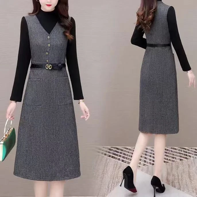 【衣雅严选】8100-863新款长袖时尚洋气款磨毛尼显瘦假两件连衣裙