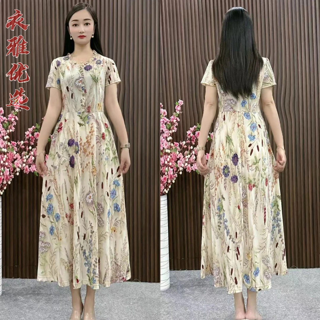 【衣雅严选】1107-498新款花边领南韩冰丝长款立体花卉减龄连衣裙