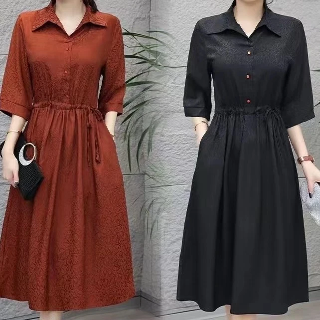 【衣雅严选】8144-649新品重磅桑若丝缎提花休闲衬衫领风衣连衣裙