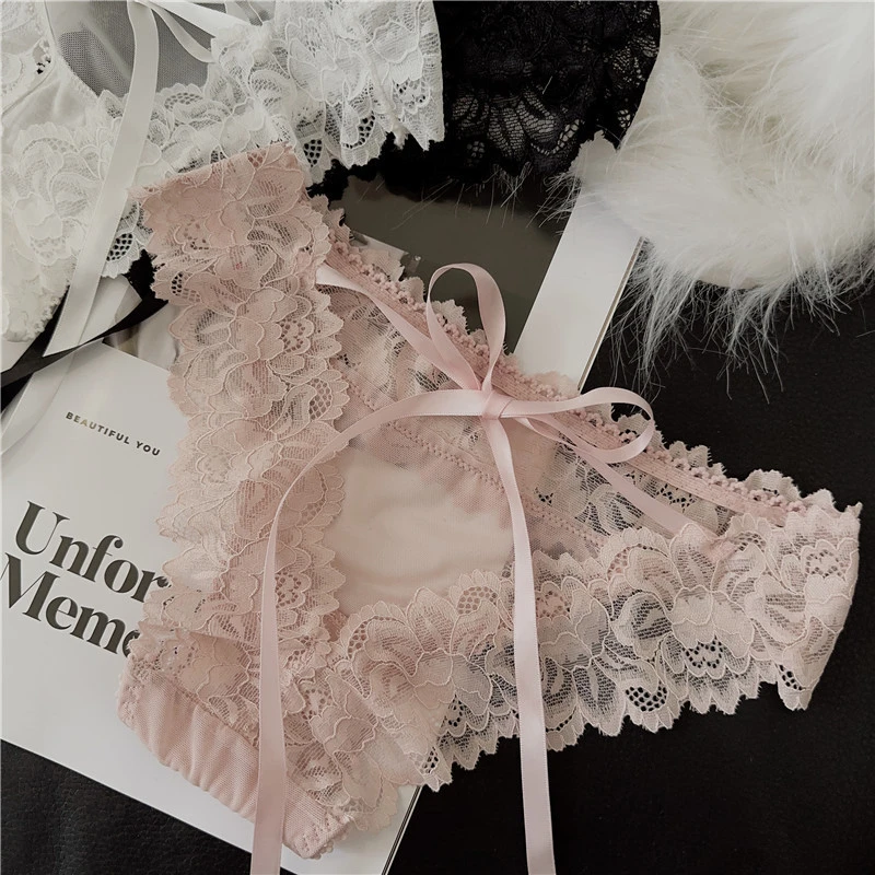 澳洲野玫瑰~镂空蝴蝶结法式系带蕾丝纯欲低腰纯棉裆少女三角裤