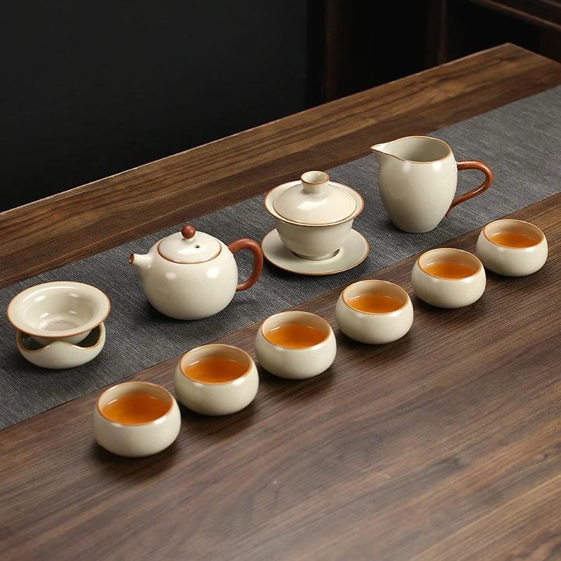 汝窑泡茶具功夫茶杯套装陶瓷茶壶盖碗轻奢高档喝茶中式家用办公室