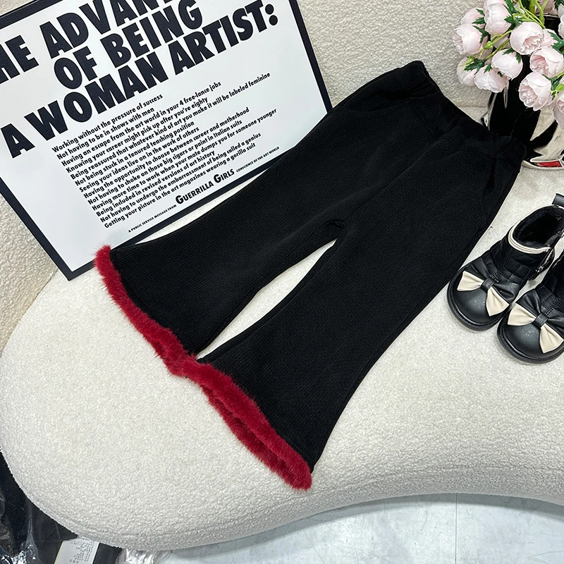女童冬季喇叭裤复古垂感加绒儿童裤子2023冬季女宝加绒休闲裤保暖