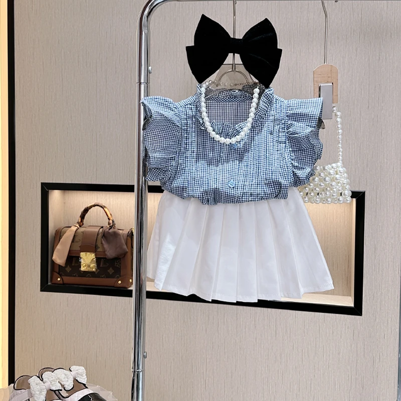 24儿童短袖套装童装女童洋气夏季格子百褶女宝小童时尚公主飞飞袖