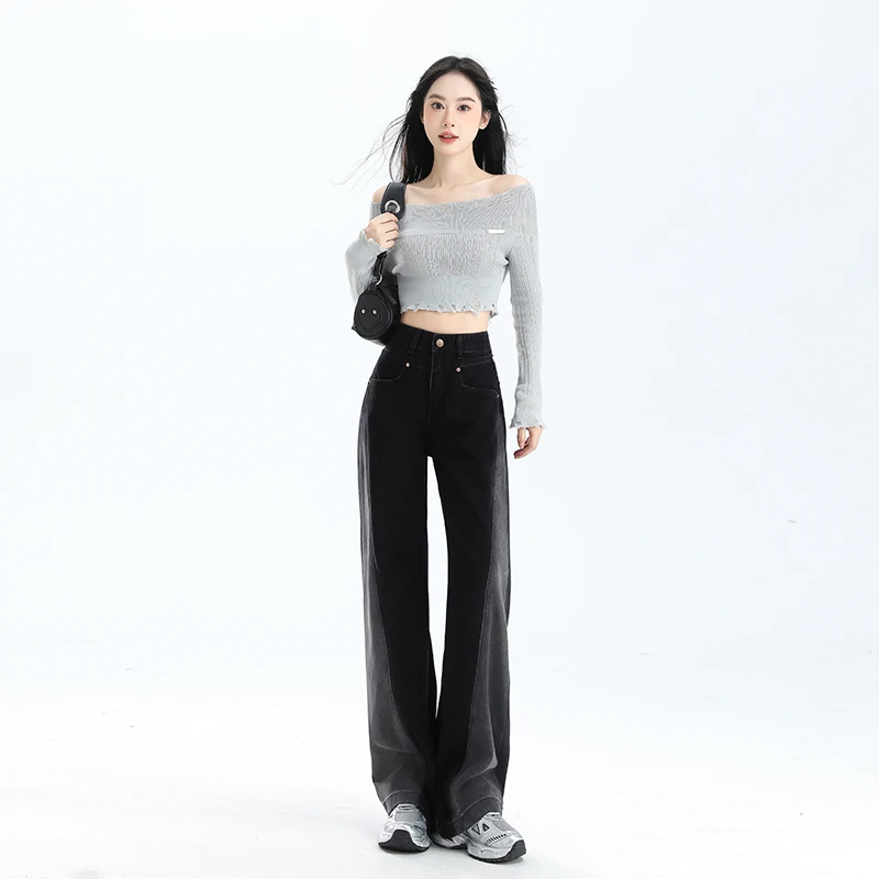 高腰春秋季牛仔裤女2025年新款爆款黑色阔腿窄版百搭宽松拖地裤子