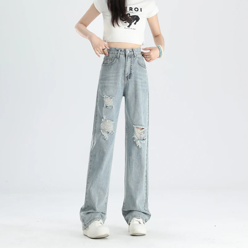 破洞牛仔裤女爆款2024新款阔腿高腰夏季百搭薄款宽松水洗窄版设计