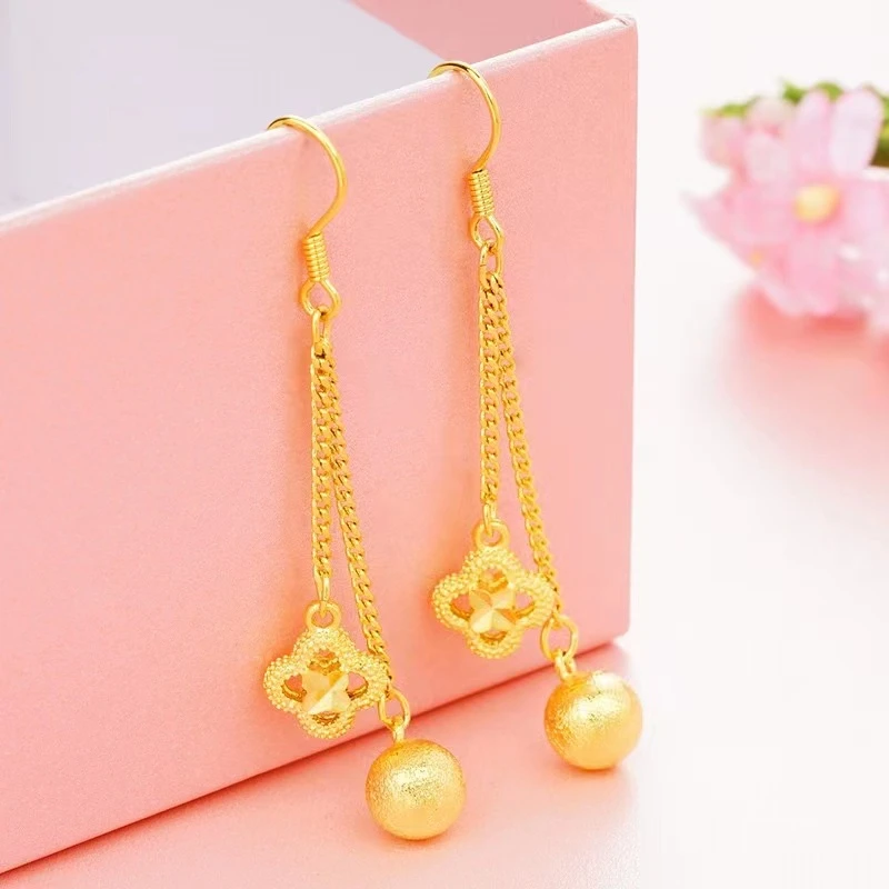 镀18k金 925银针【珠珠四叶草耳勾流苏】081气质时尚精美 百搭