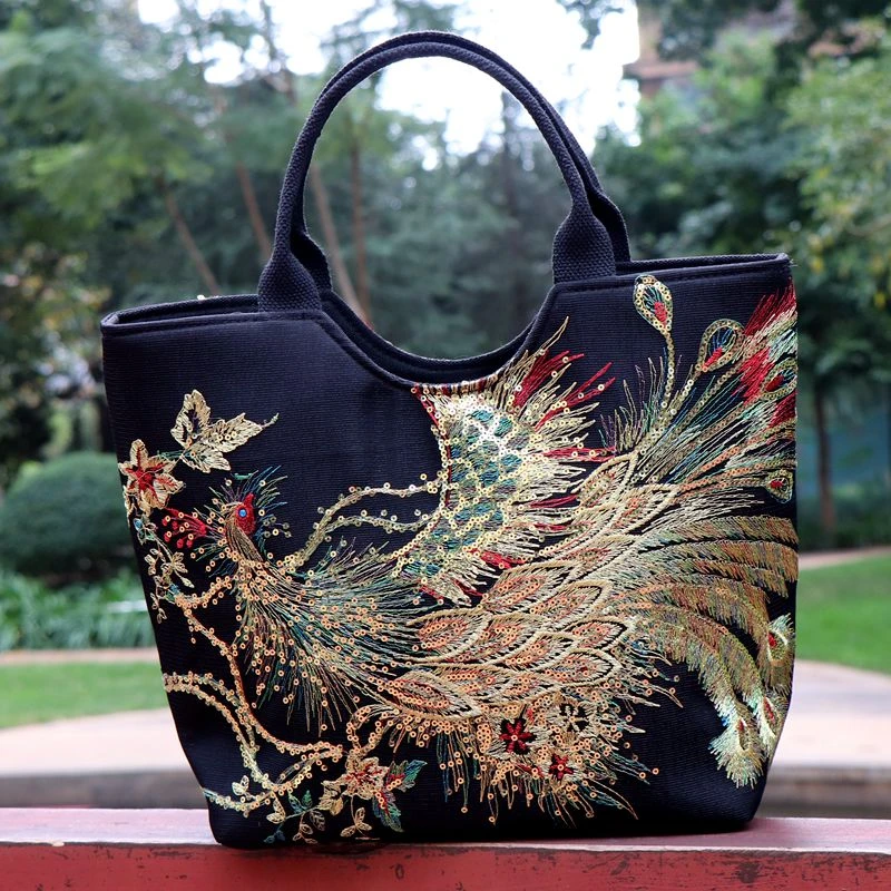 民族风绣花凤凰亮片休闲手提包复古女士中式手拎包时尚百搭单肩包