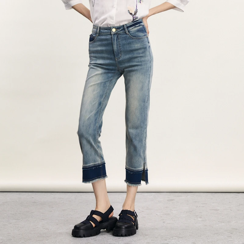 谜底特色直筒牛仔裤2024春新款复古高腰百搭拼色九分裤241MK0001
