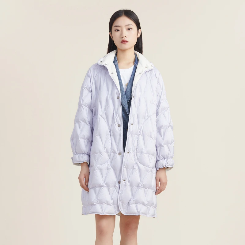 R/谜底新款时尚休闲立领防寒保暖宽松中长款羽绒服女士223MY1175