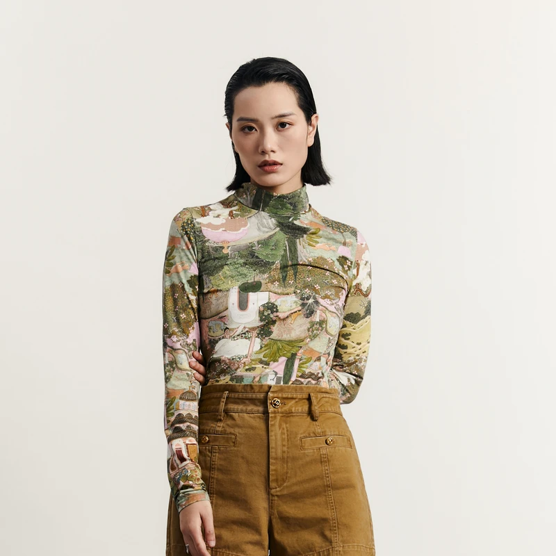 谜底半高领T恤长袖女2023秋新款复古印花修身弹力打底衫233MT1147