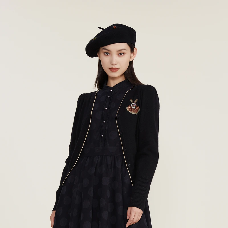谜底女装针织开衫女冬季新款门襟金线边V领收腰小开衫224MZ1933