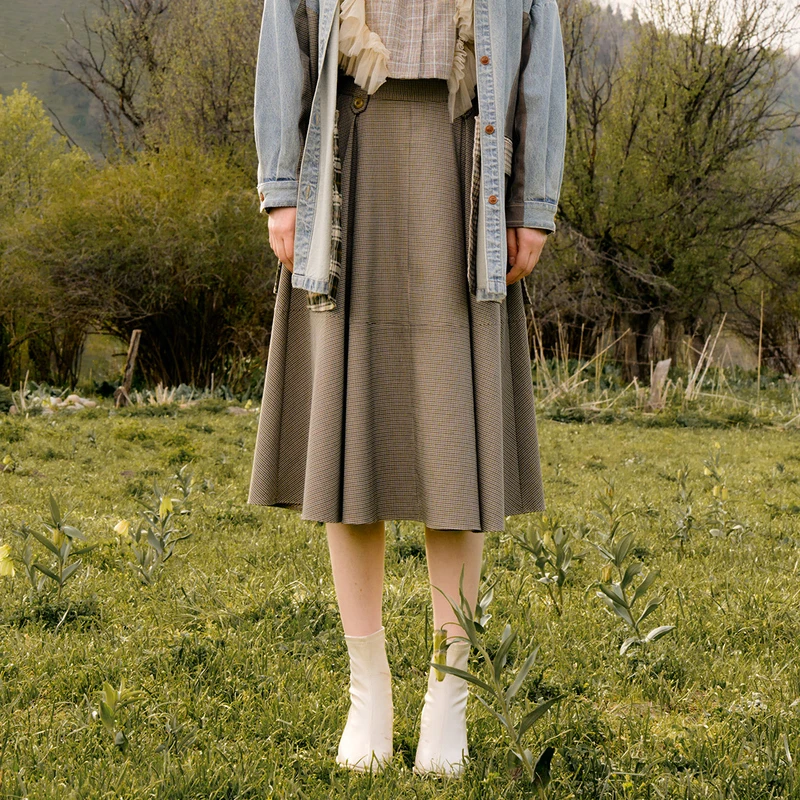 谜底千鸟格半身裙2024秋季新品通勤风气质高腰A字型长裙243MB1186