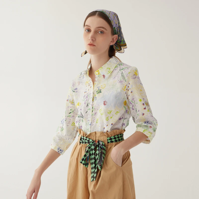 谜底碎花衬衫分袖女2024夏新款文艺风百搭宽松纯棉衬衣246MC9005