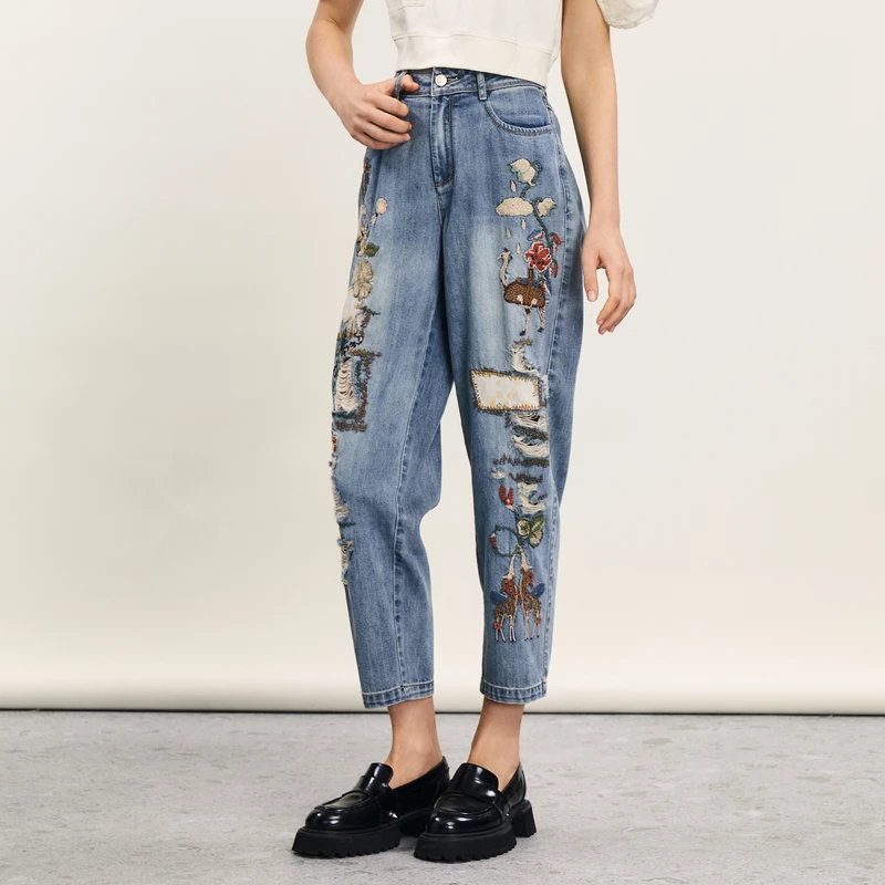 谜底萝卜裤女2024夏季新品复古重工绣花破洞宽松九分裤242MK0666