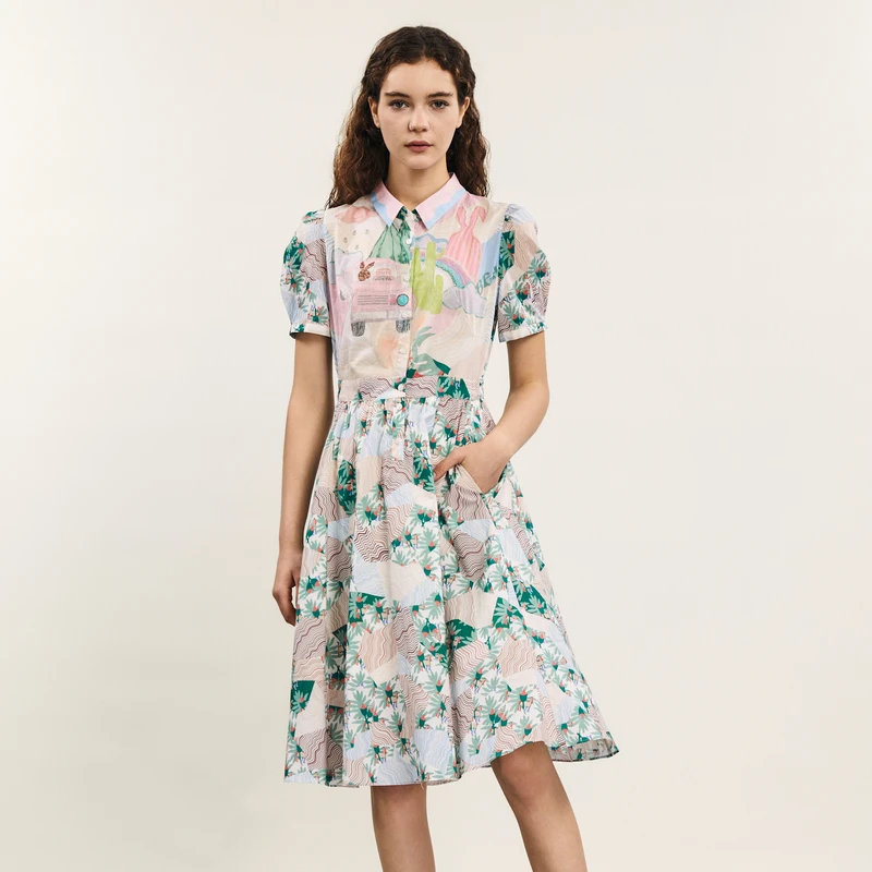 谜底碎花连衣裙短袖女夏款文艺风主题印花中长裙242ML0617