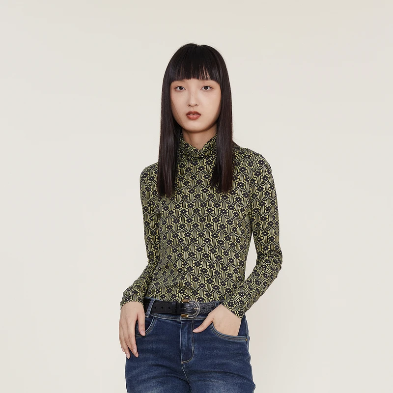 谜底秋冬新款复古印花高领T恤女紧身打底上衣长袖t恤女224MT1664