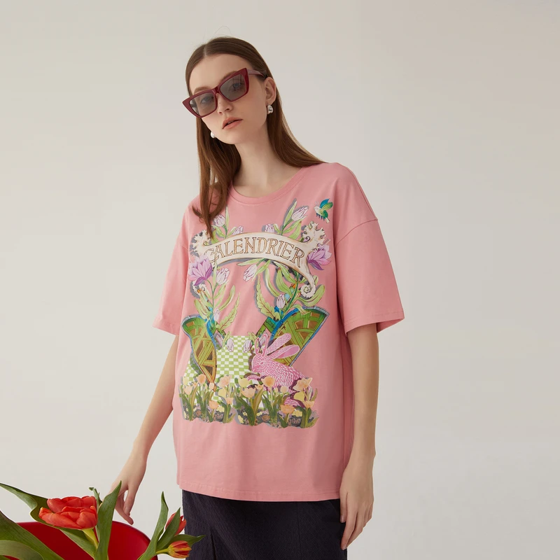 谜底宽松印花T恤女2024夏季新款特色绣花中长款棉亲肤246MT7044