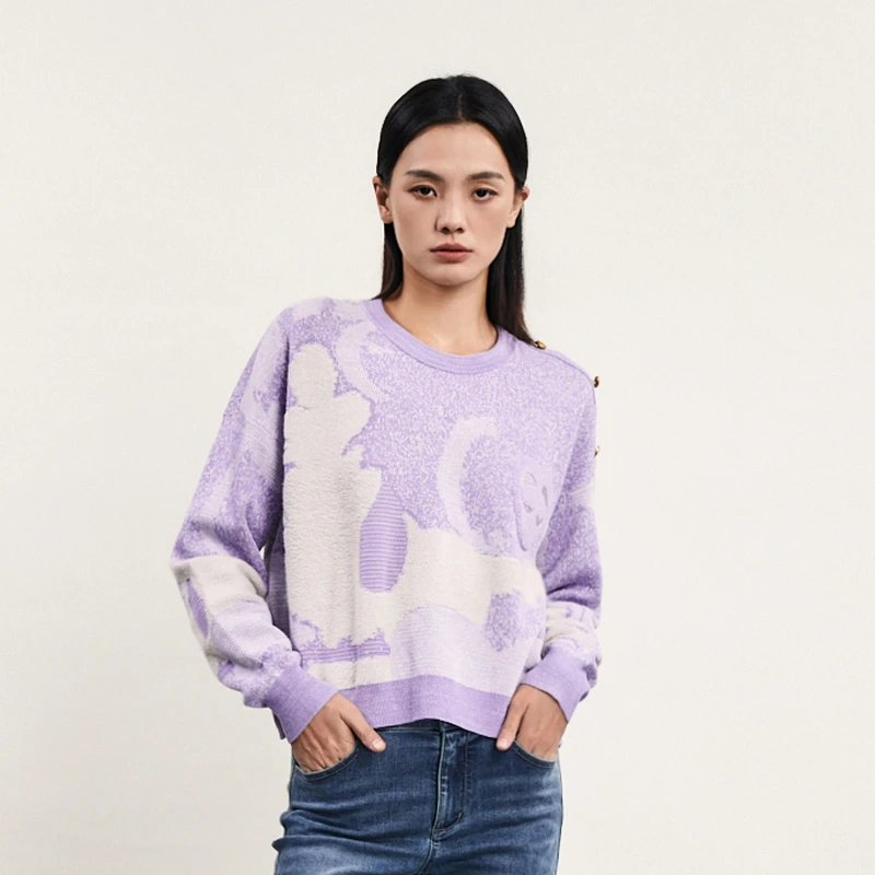 谜底套头针织衫女新款复古慵懒风圆领宽松毛衣241MZ0327