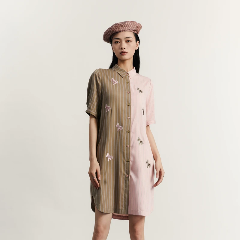谜底设计感衬衫式连衣裙短袖女2023秋款条纹刺绣中长裙233ML0995