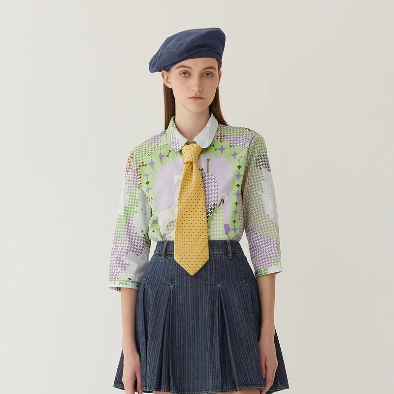 谜底合体花色衬衫女夏新款文艺风原创印花衬衣分袖246MC7006