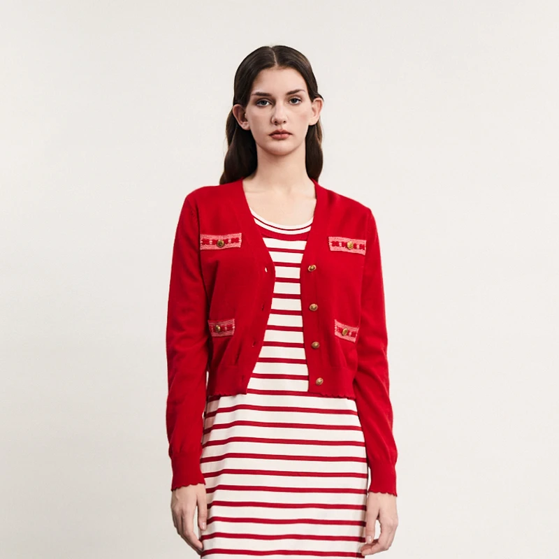 谜底针织开衫女2024春季新款小香风V领时尚修身短款毛衫241MZ0305