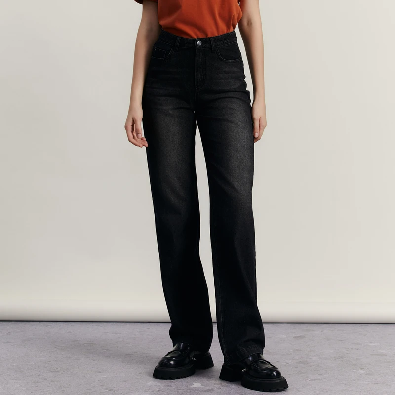 谜底丹宁牛仔直筒裤女2023冬季新品复古高腰百搭长裤女234MK1495