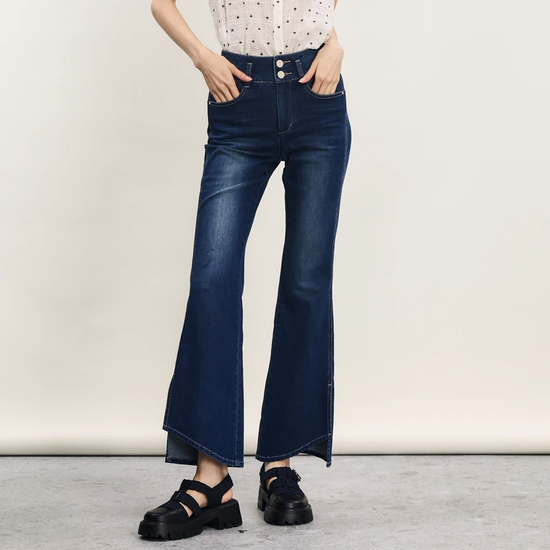 谜底牛仔喇叭裤女2024夏季新品复古风高腰百搭棉弹长裤242MK0636