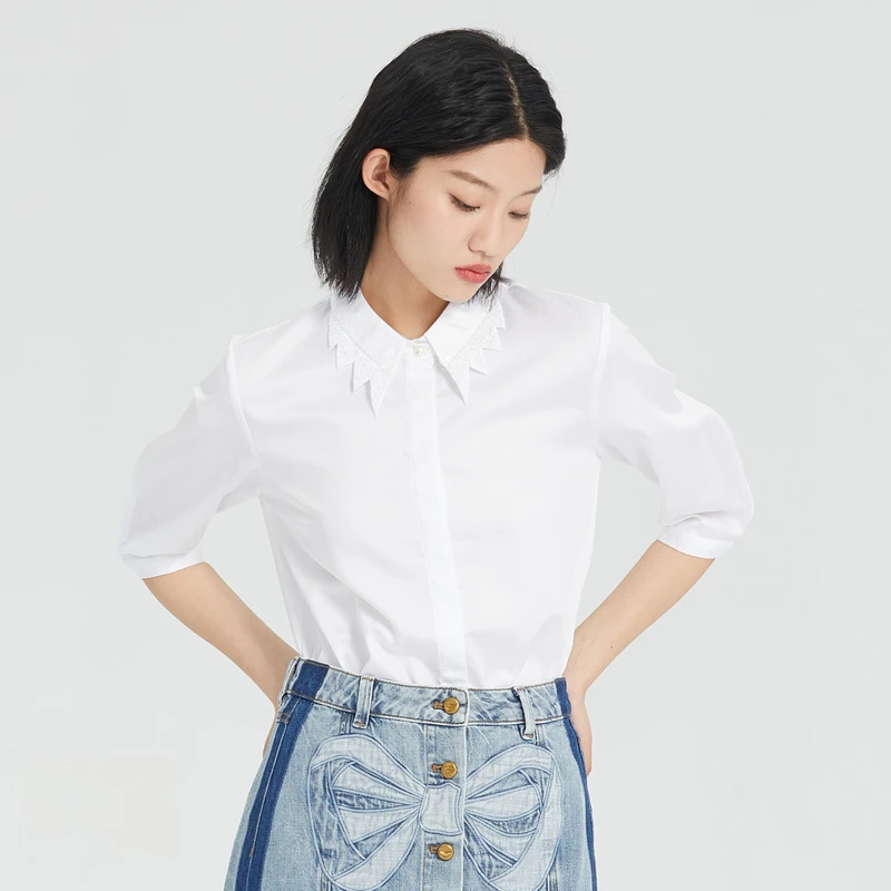 R谜底纯棉白衬衫2023夏季新款通勤OL风修身衬衣七分袖女235MC6026