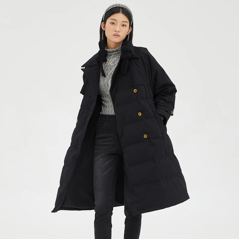 R谜底冬季新品工装感加厚保暖H型双排扣中长款羽绒服女229MY6190