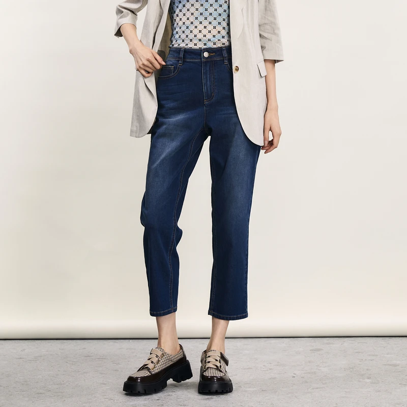 谜底宽松牛仔九分裤女2024年夏新品百搭高腰亲肤烟管裤242MK0635
