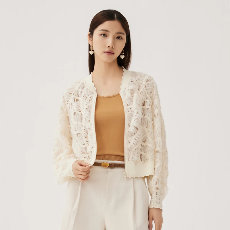 谜底T型短款外套女2024秋季新品优雅浮雕立体绣花棒球服243GW1101