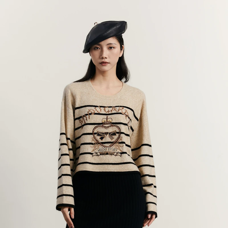 谜底条纹套头针织衫女秋季新款复古文艺圆领套头毛衣234MZ1861