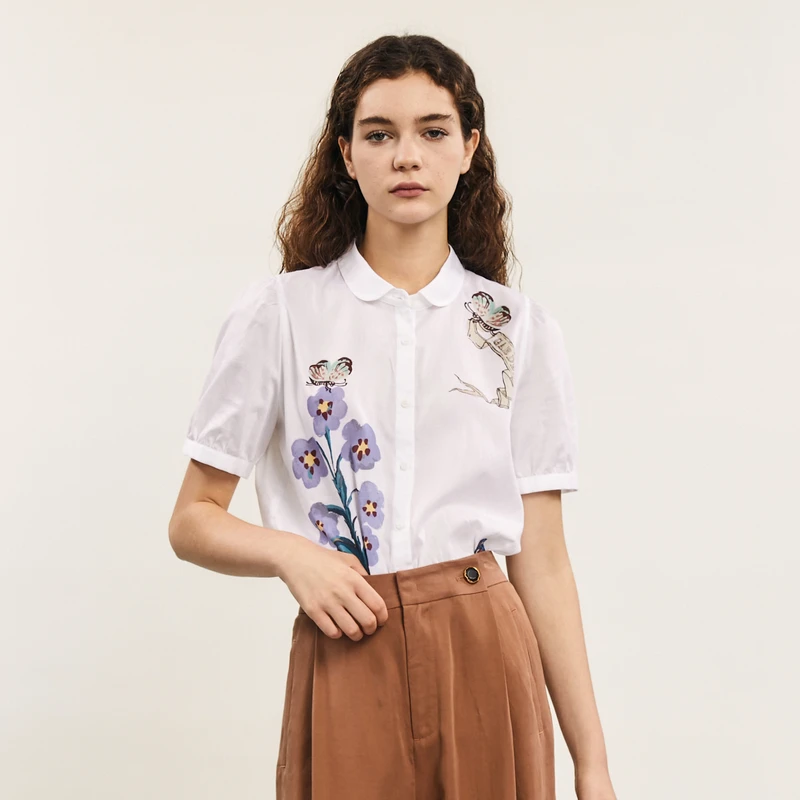 谜底棉印花衬衫女2024年夏款复古文艺风百搭衬衣短袖242MC0606