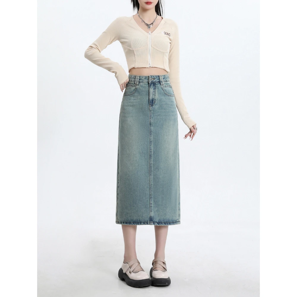 Space Password气质牛仔半身裙女25年新款复古开叉显瘦半身裙558